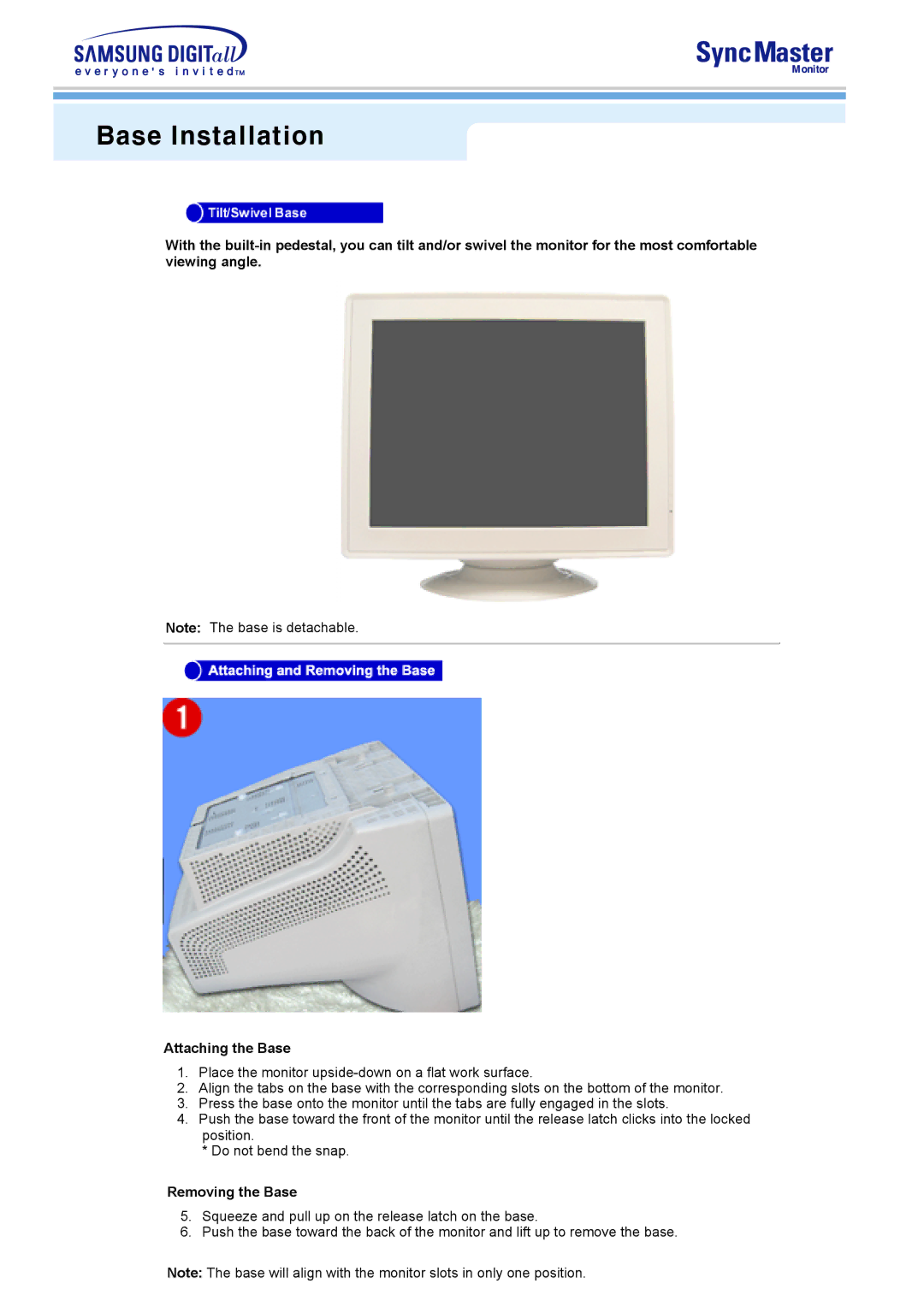 Samsung 591S, 793S, 793DF, 795DF, 797DF, 997DF, 793MB, 795MB manual Base Installation, Removing the Base 