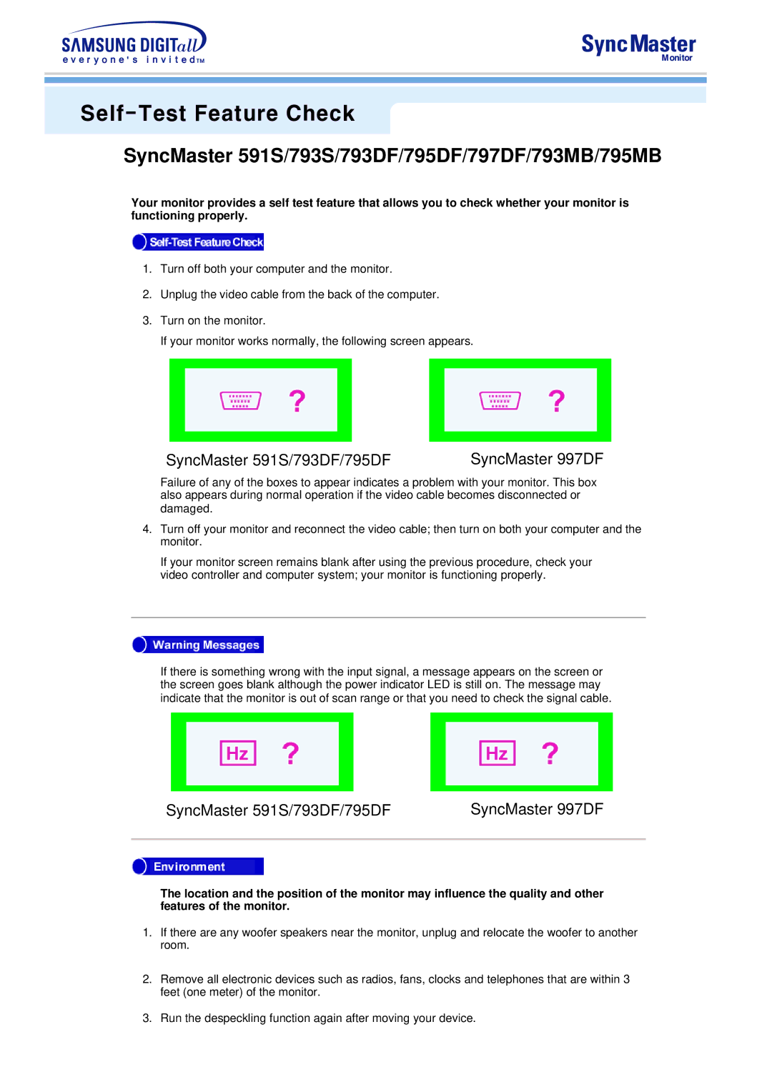 Samsung 591S, 793S, 793DF, 795DF, 797DF, 997DF, 793MB, 795MB manual Self-Test Feature Check 