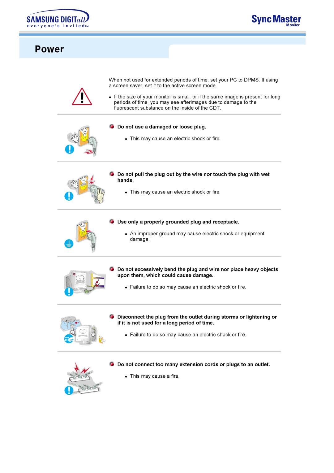 Samsung 591S, 793S, 793DF, 795DF, 797DF, 997DF, 793MB, 795MB manual Power, Do not use a damaged or loose plug 