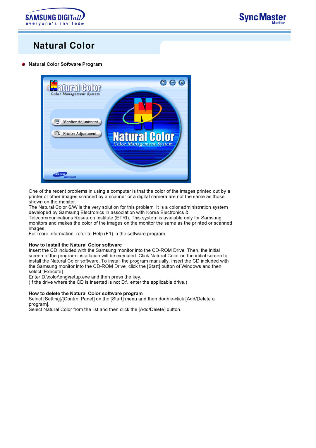 Samsung 591S, 793S, 793DF, 795DF, 797DF, 997DF, 793MB, 795MB manual Natural Color Software Program 