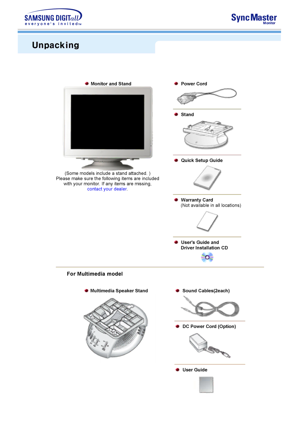 Samsung 591S, 793S, 793DF, 795DF, 797DF, 997DF, 793MB, 795MB Unpacking, Monitor and Stand Power Cord Quick Setup Guide 