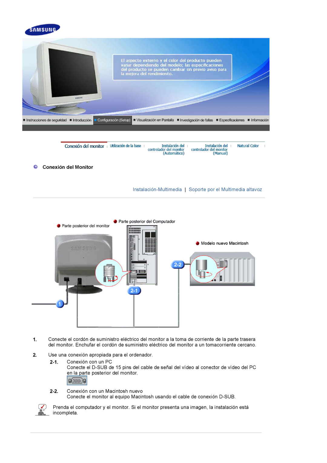 Samsung 591S manual Conexión del Monitor, Instalación-Multimedia Soporte por el Multimedia altavoz 