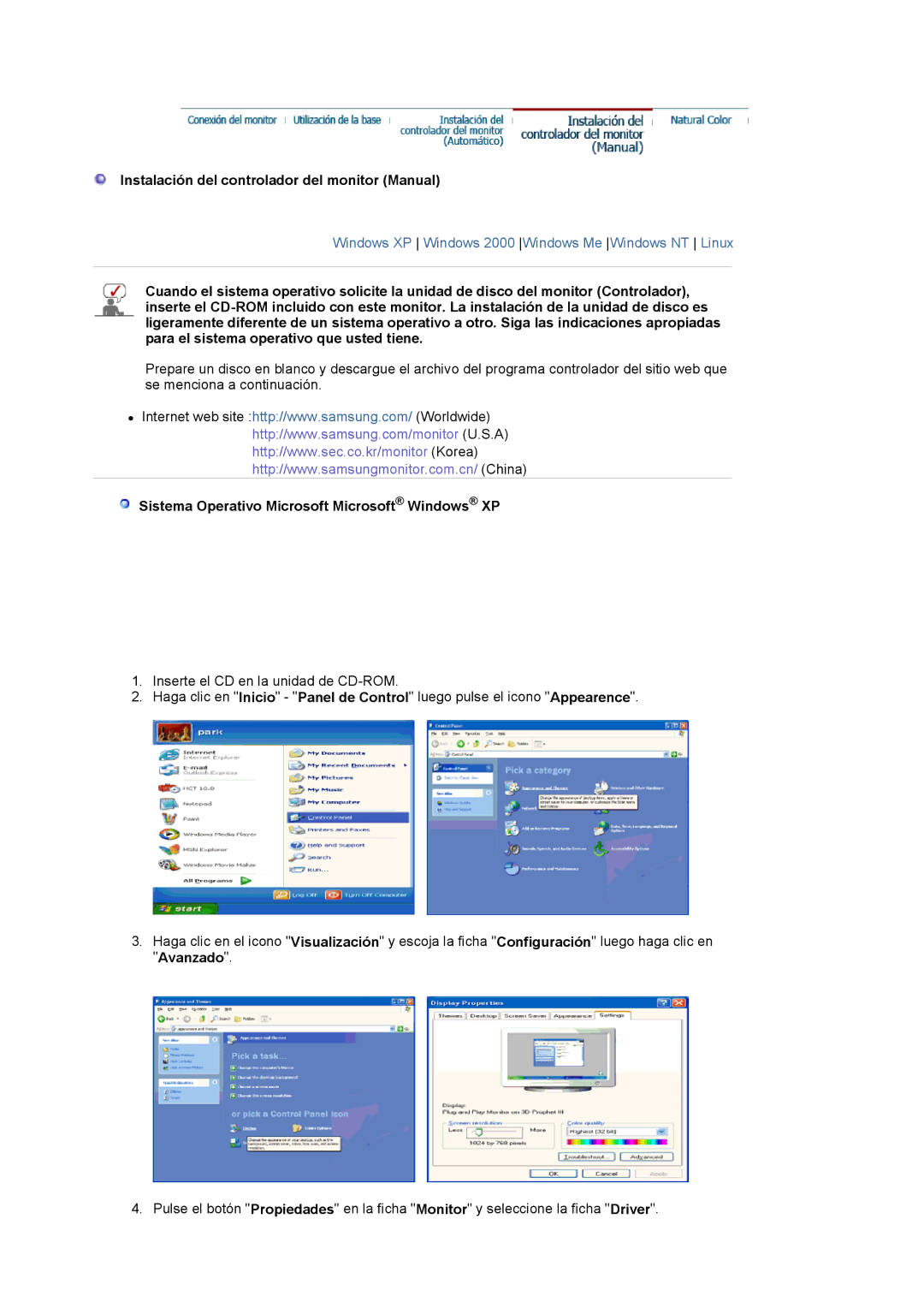 Samsung 591S manual Instalación del controlador del monitor Manual, Sistema Operativo Microsoft Microsoft Windows XP 