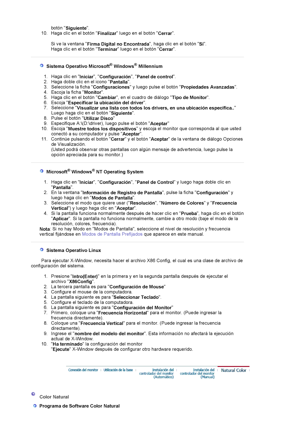 Samsung 591S manual Microsoft Windows NT Operating System, Sistema Operativo Linux, Programa de Software Color Natural 