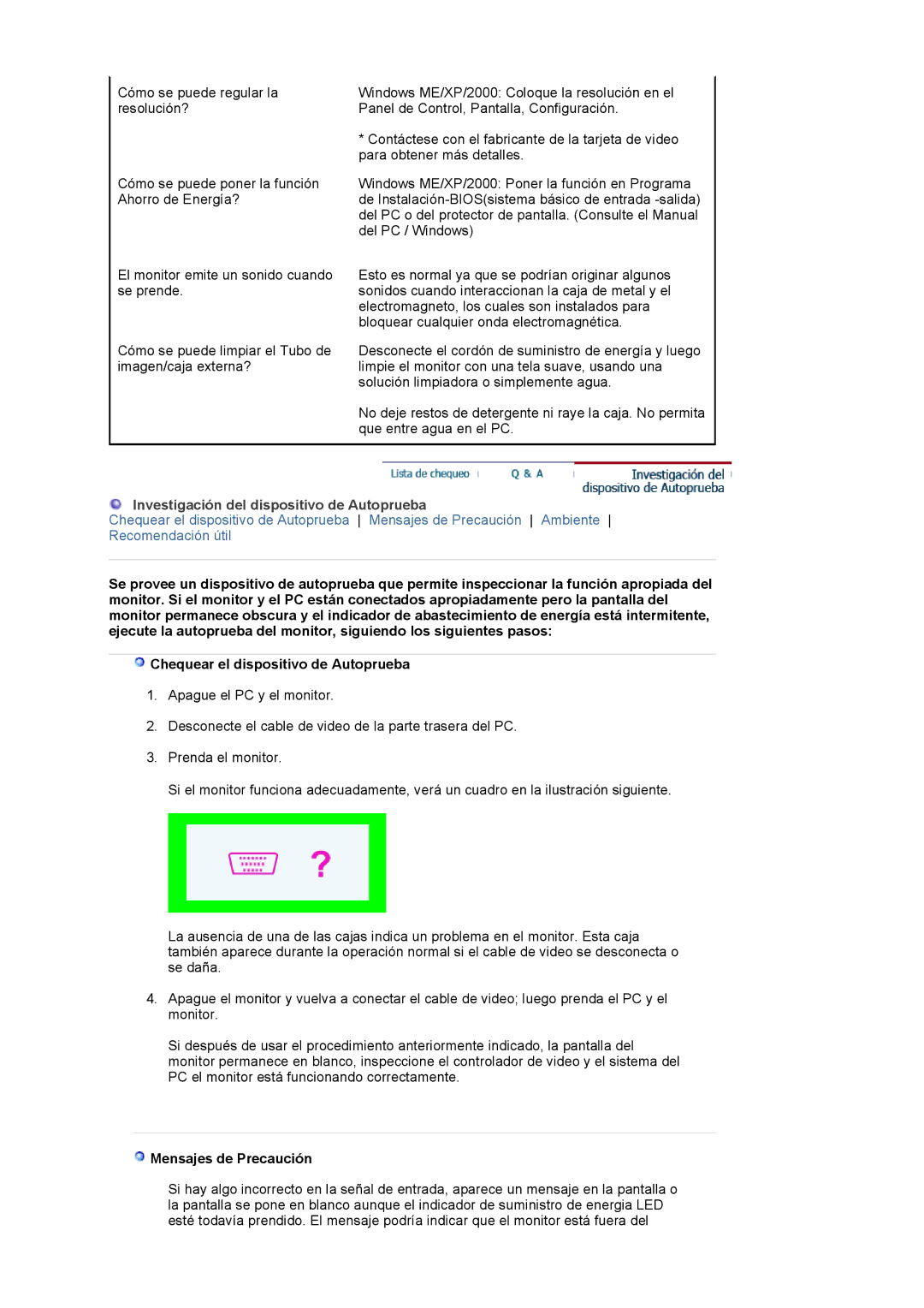 Samsung 591S manual Investigación del dispositivo de Autoprueba, Mensajes de Precaución 