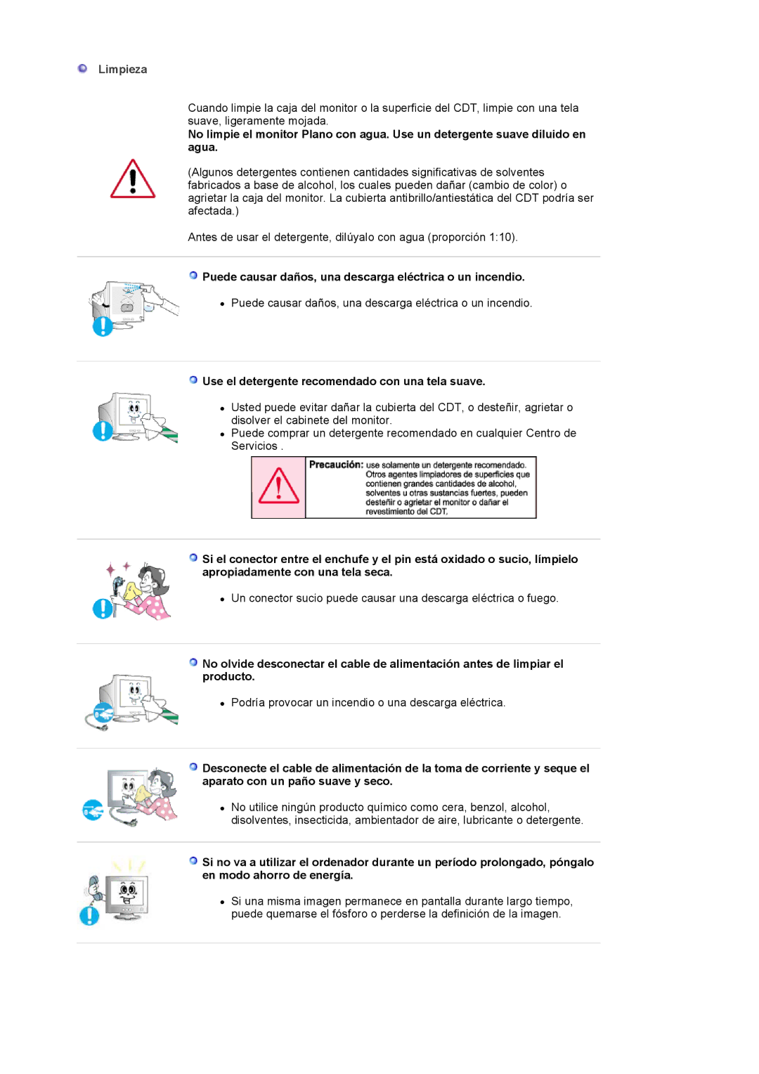 Samsung 591S Puede causar daños, una descarga eléctrica o un incendio, Use el detergente recomendado con una tela suave 