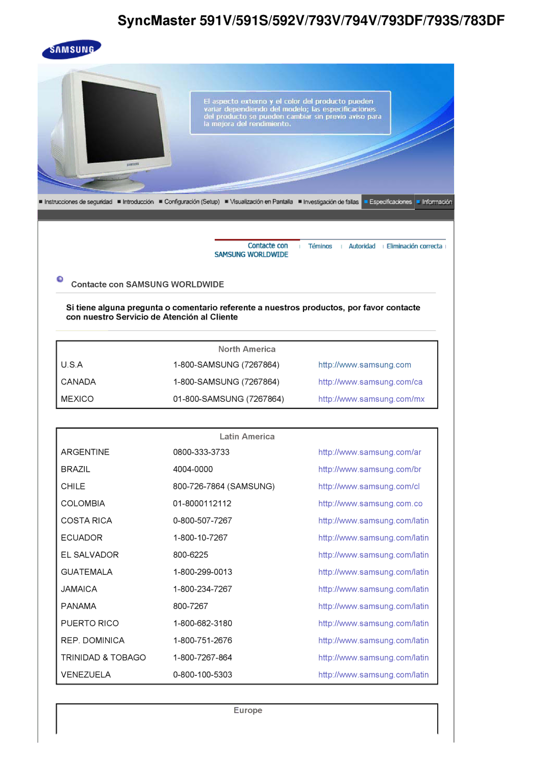 Samsung 591S manual North America, Latin America, Europe 