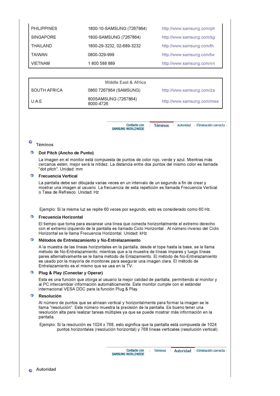 Samsung 591S manual Middle East & Africa 