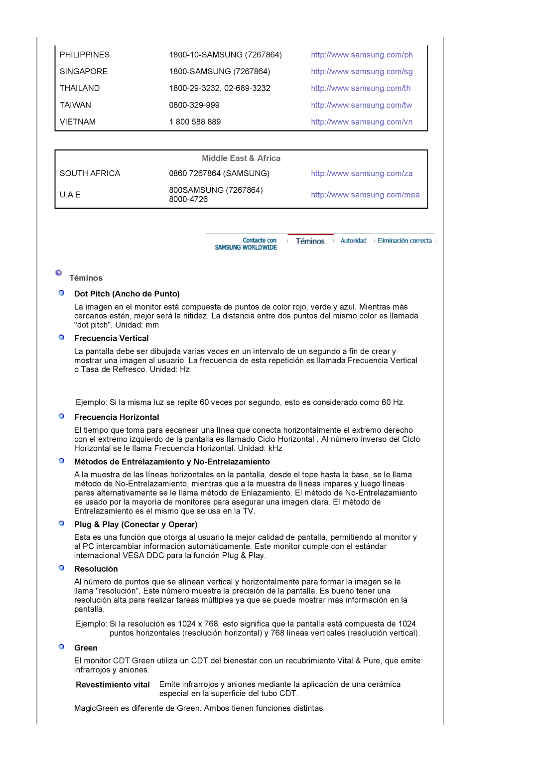 Samsung 591S manual Middle East & Africa, Green 