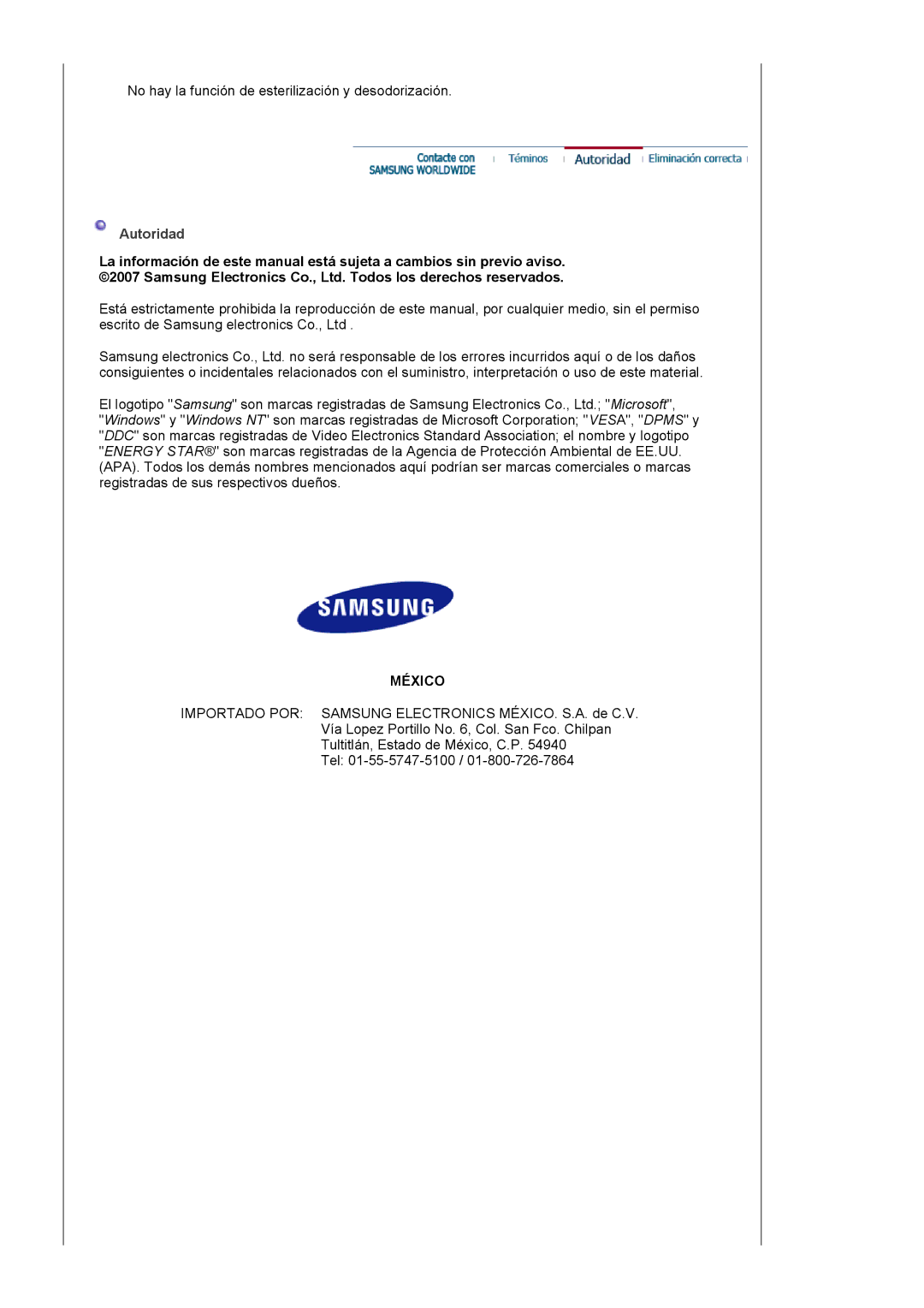 Samsung 591S manual No hay la función de esterilización y desodorización 