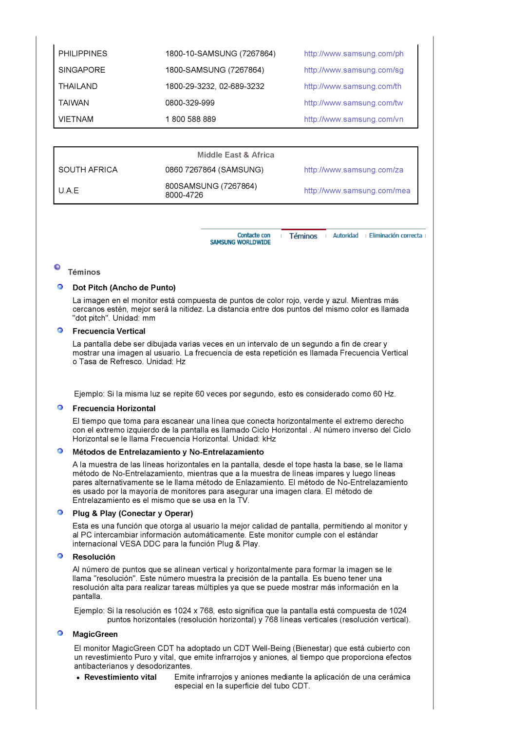 Samsung 591S manual Middle East & Africa, MagicGreen 