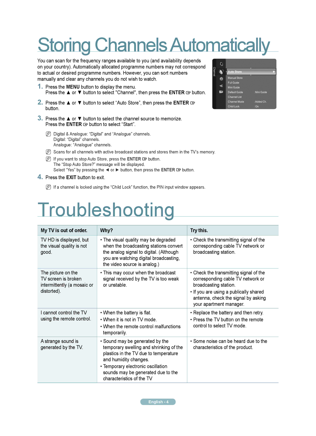 Samsung 6 Series quick start Storing ChannelsAutomatically, Troubleshooting, My TV is out of order Why? Try this 