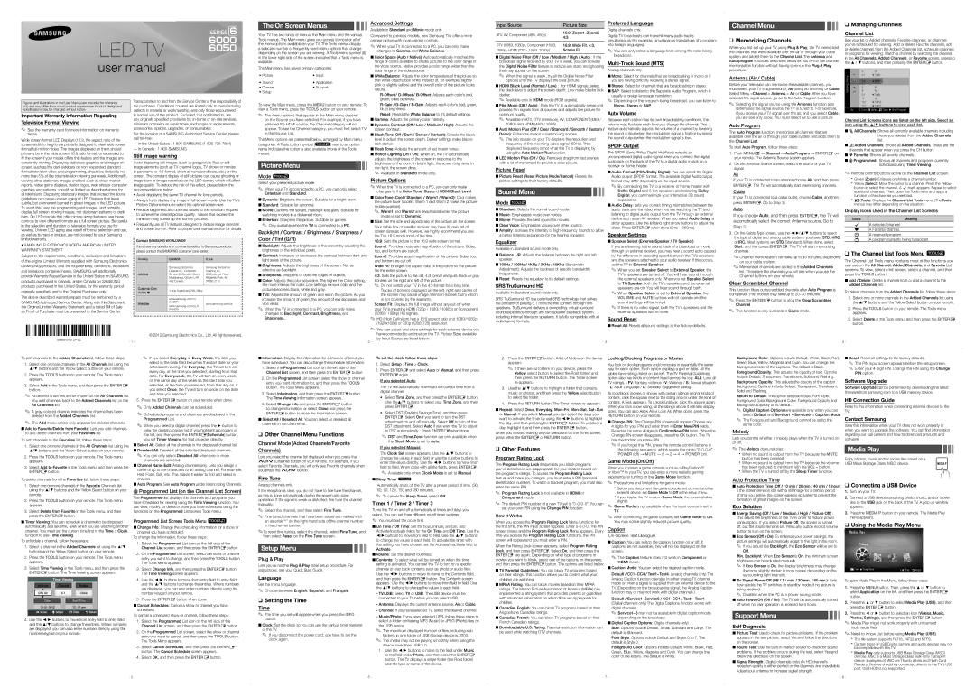 Samsung 6050 user manual Preferred Language, Multi-Track Sound MTS, Channel List, Still image warning, Picture Options 