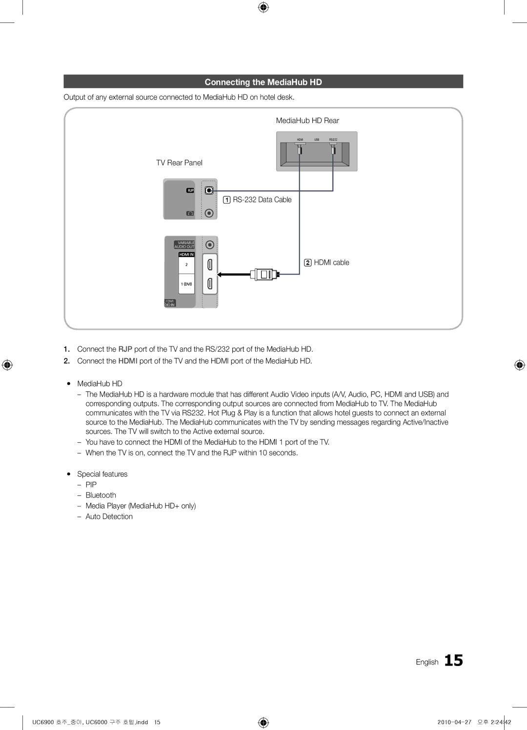 Samsung 6900, 6000 installation manual Connecting the MediaHub HD 