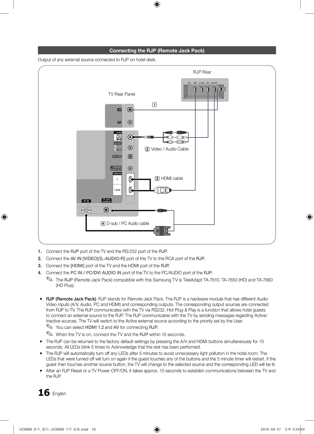 Samsung 6000, 6900 installation manual Connecting the RJP Remote Jack Pack 