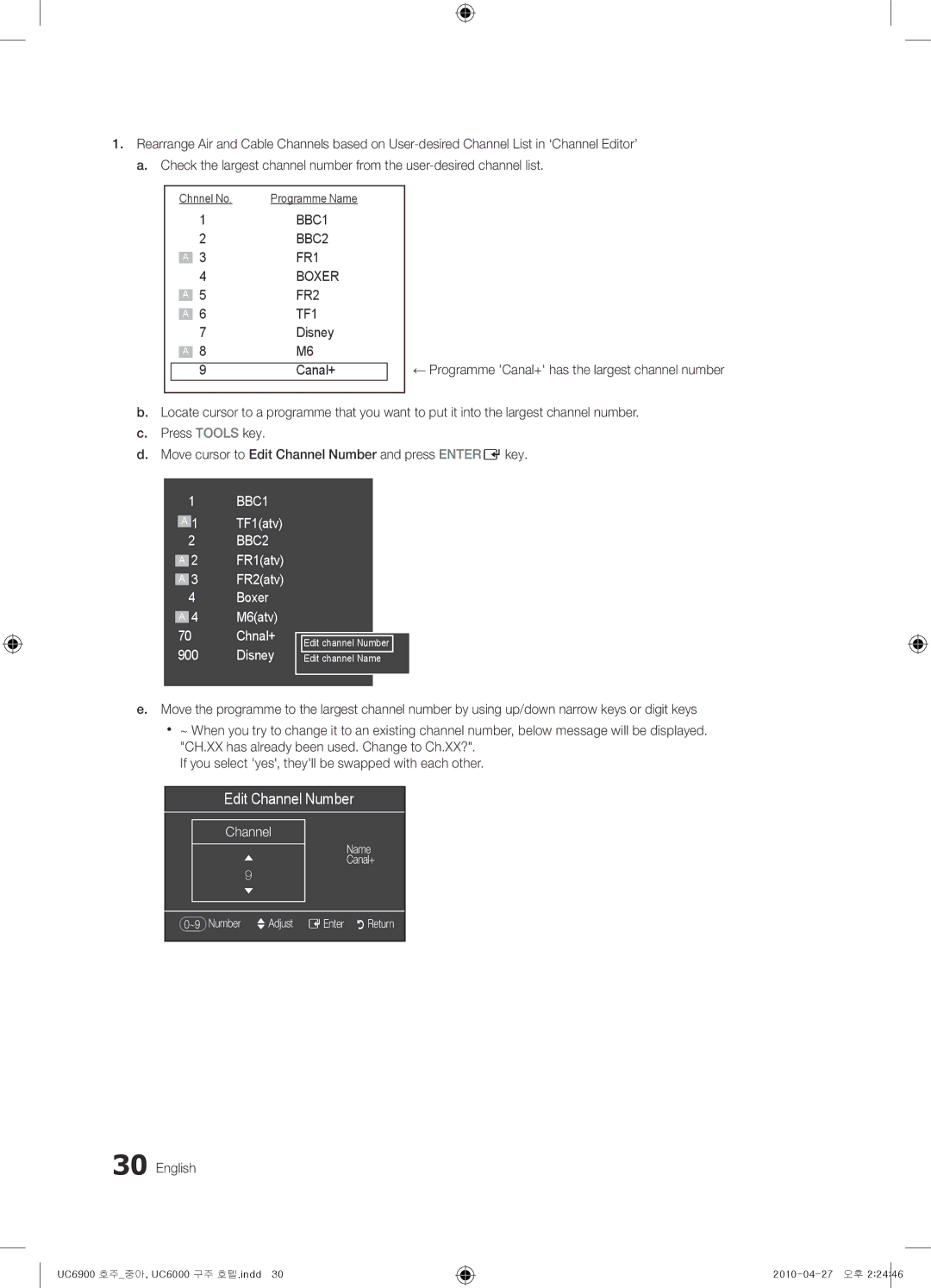 Samsung 6000, 6900 installation manual Edit Channel Number 