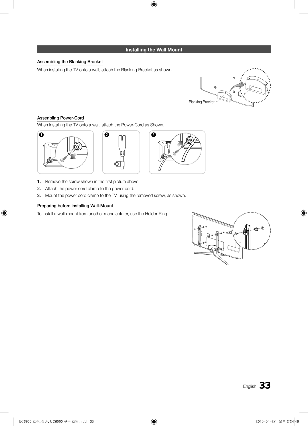 Samsung 6900, 6000 installation manual Installing the Wall Mount 