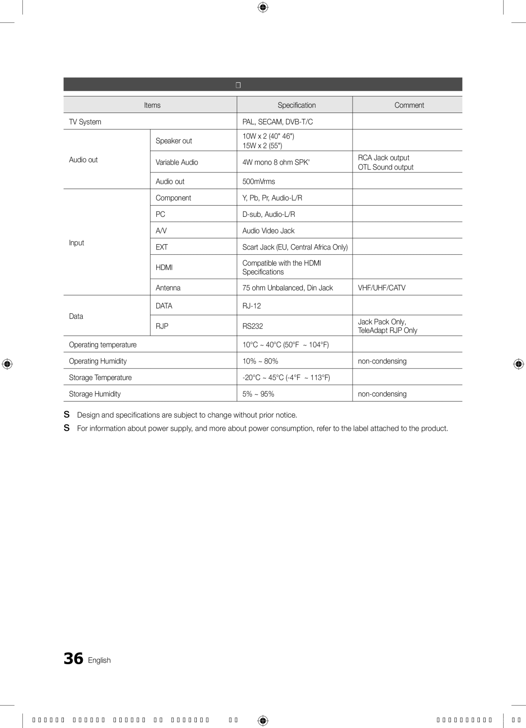 Samsung 6000, 6900 installation manual Specifications, Pal, Secam, Dvb-T/C 