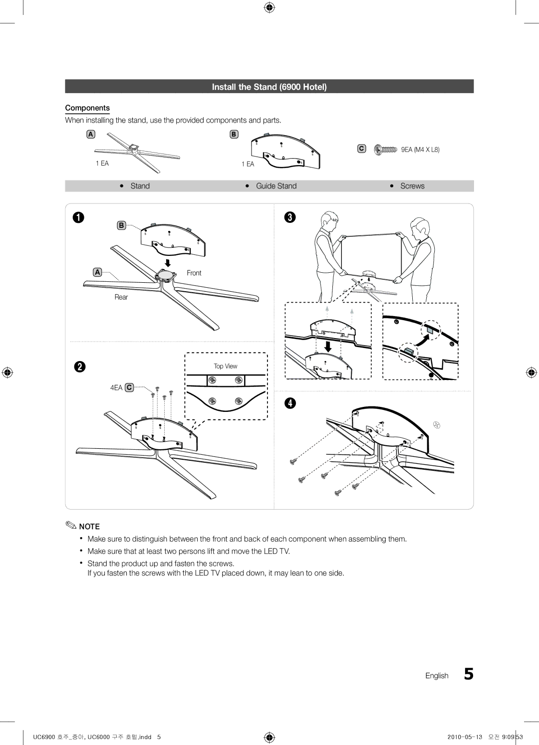 Samsung 6000 installation manual Install the Stand 6900 Hotel 