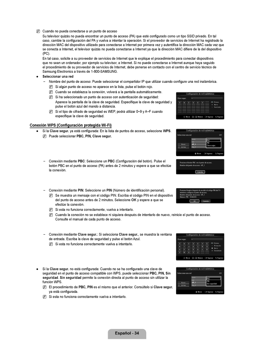 Samsung UN46B6000, UNB6000 Conexión WPS Configuración protegida Wi-Fi, Samsung Electronics a través de 1-800-SAMSUNG 