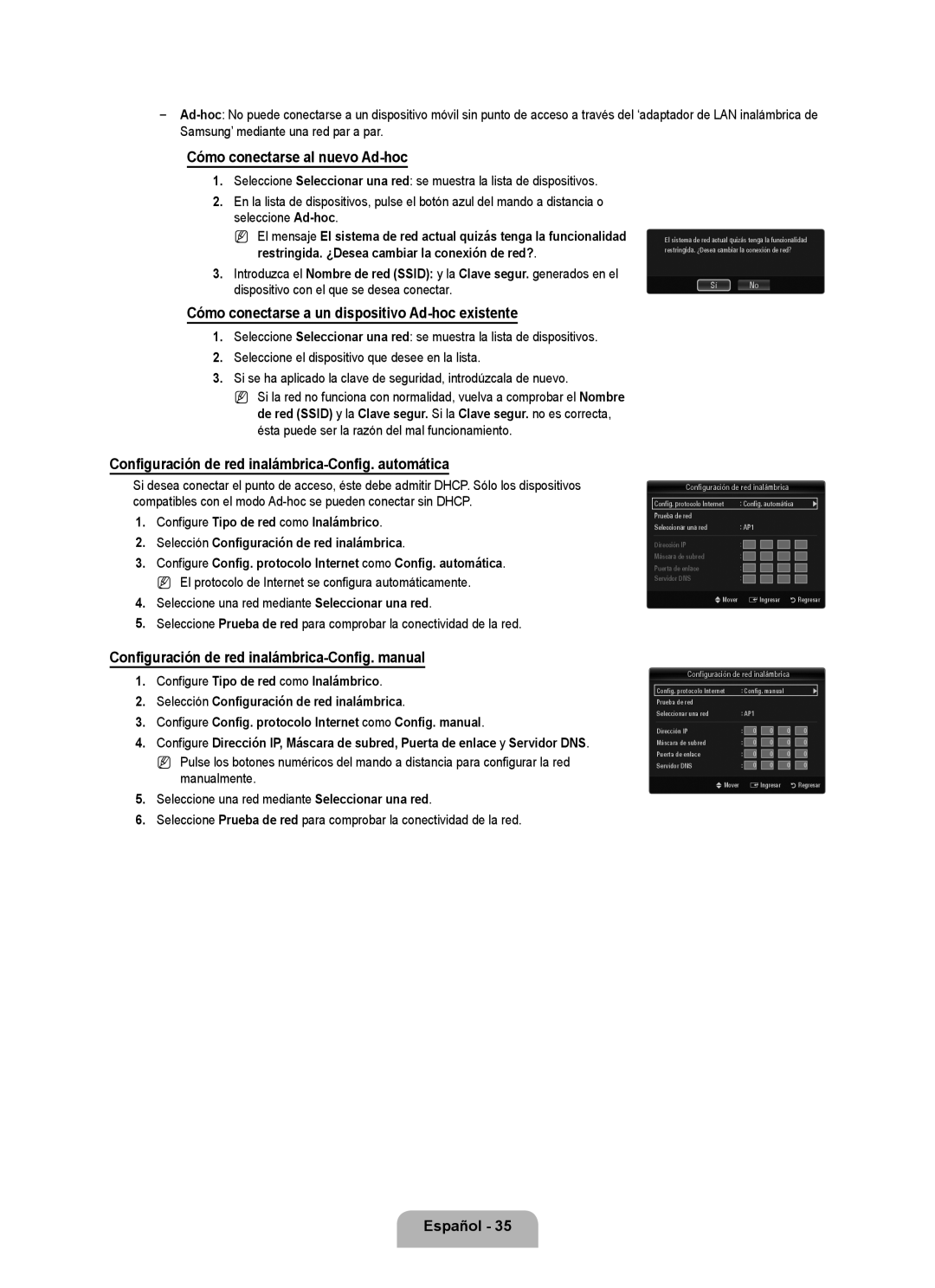 Samsung UN40B6000, UNB6000, UN55B6000 Cómo conectarse al nuevo Ad-hoc, Cómo conectarse a un dispositivo Ad-hoc existente 