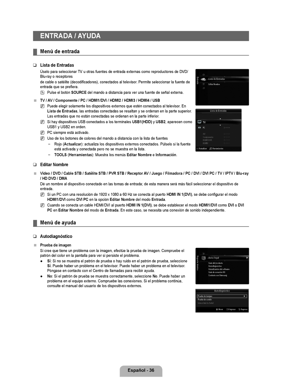 Samsung UN40B6000VF, UNB6000, UN55B6000, UN46B6000, UN32B6000, UN2B6000 Entrada / Ayuda, Menú de entrada, Menú de ayuda 