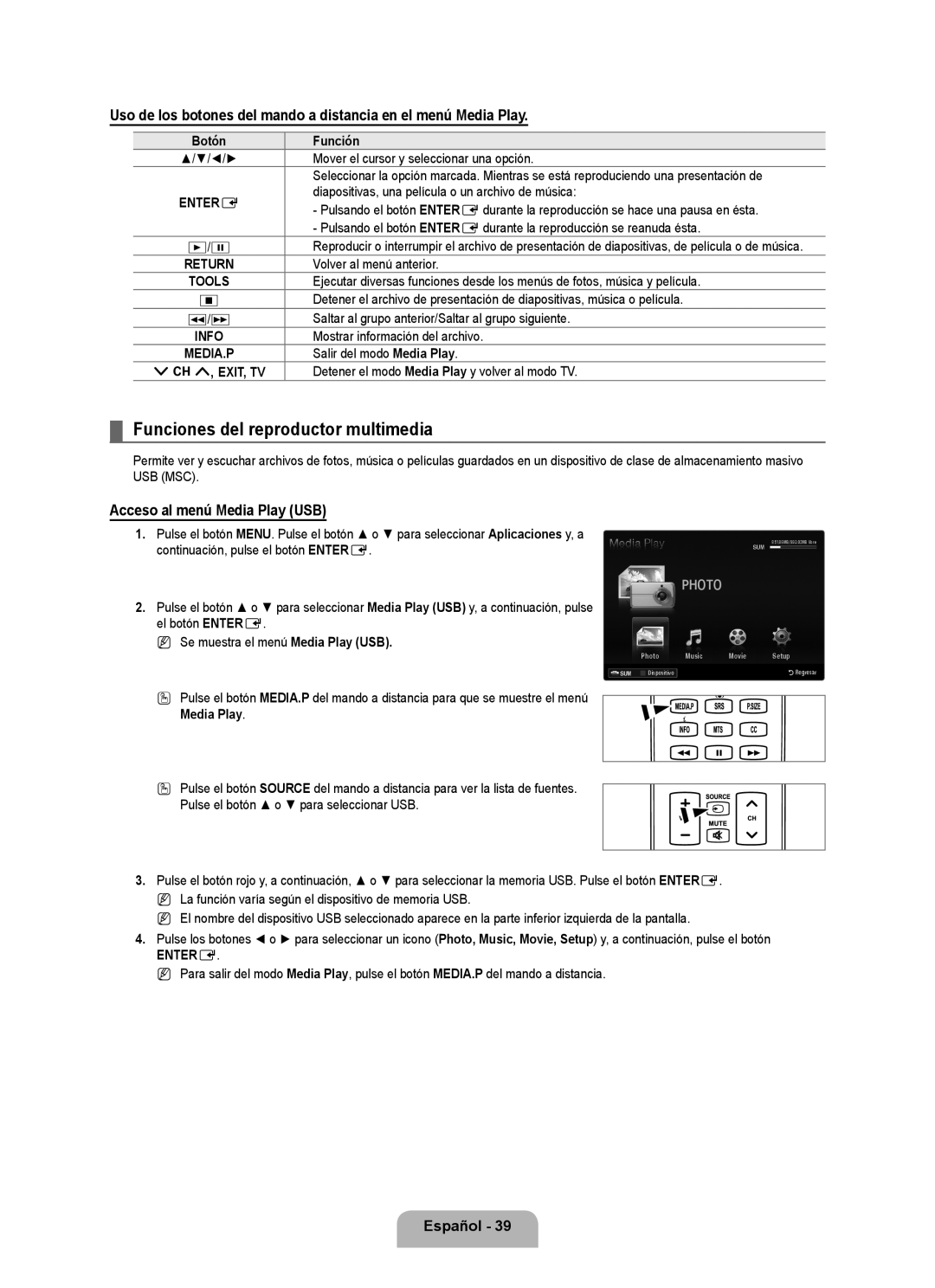 Samsung UNB6000, UN55B6000, UN46B6000 Funciones del reproductor multimedia, Acceso al menú Media Play USB, Función 