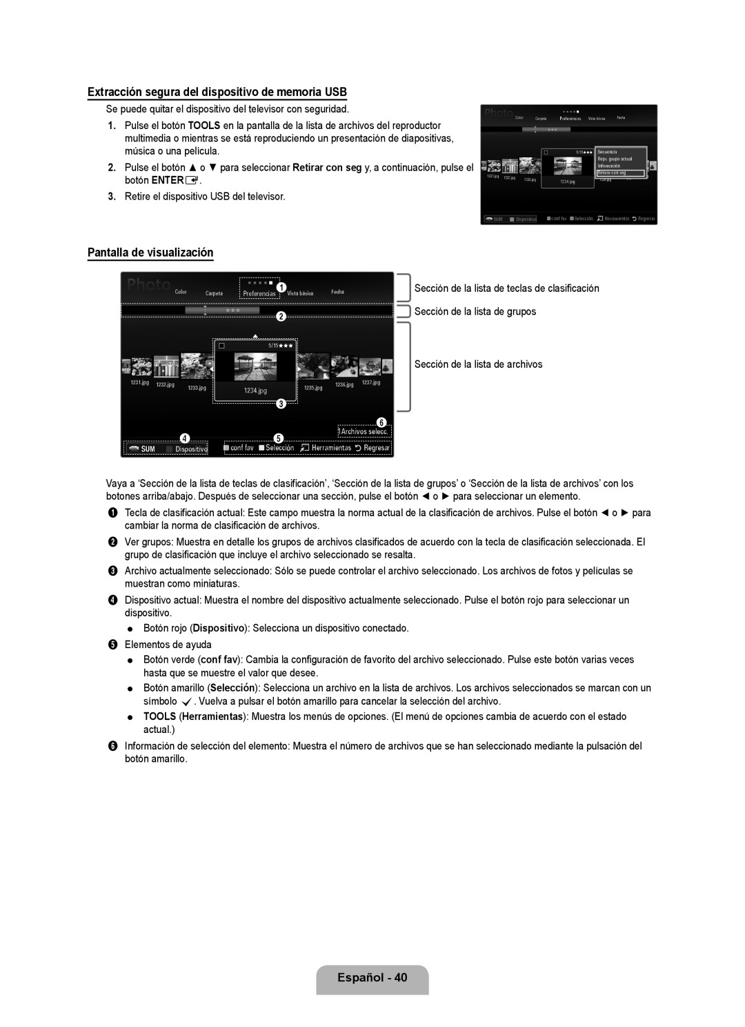 Samsung UNB6000 Extracción segura del dispositivo de memoria USB, Pantalla de visualización, Preferencias1Vista básica 