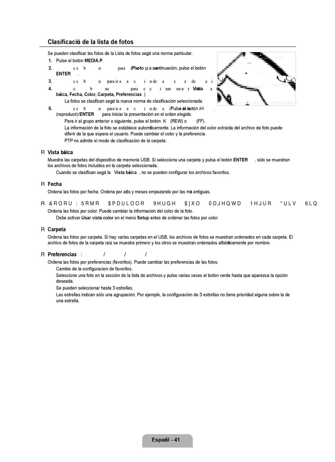 Samsung UN55B6000 Clasificación de la lista de fotos, Vista básica, Fecha, Carpeta, Preferencias → FFF /FFF /FFF /FFF 