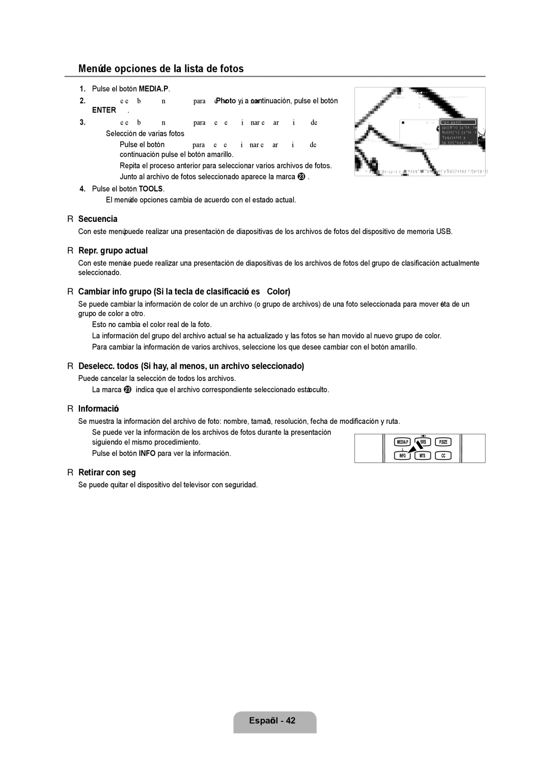 Samsung UN46B6000, UNB6000, UN55B6000, UN40B6000VF, UN32B6000, UN2B6000 user manual Menú de opciones de la lista de fotos 