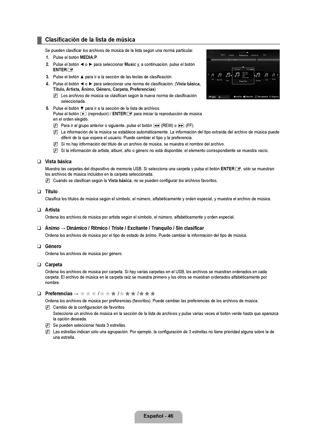 Samsung UN2B6000 Clasificación de la lista de música, Título, Artista, Género, Ordena los archivos de música por género 