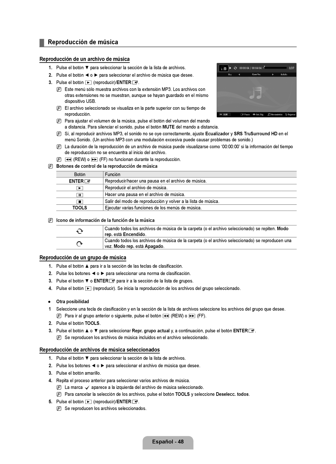 Samsung UNB6000, UN2B6000 Reproducción de música, Reproducción de un archivo de música, Reproducción de un grupo de música 