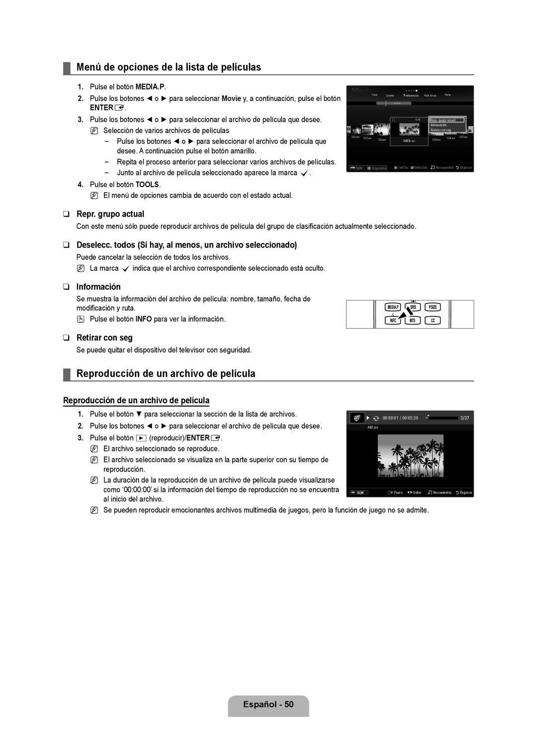 Samsung UN46B6000, UNB6000, UN55B6000 Menú de opciones de la lista de películas, Reproducción de un archivo de película 