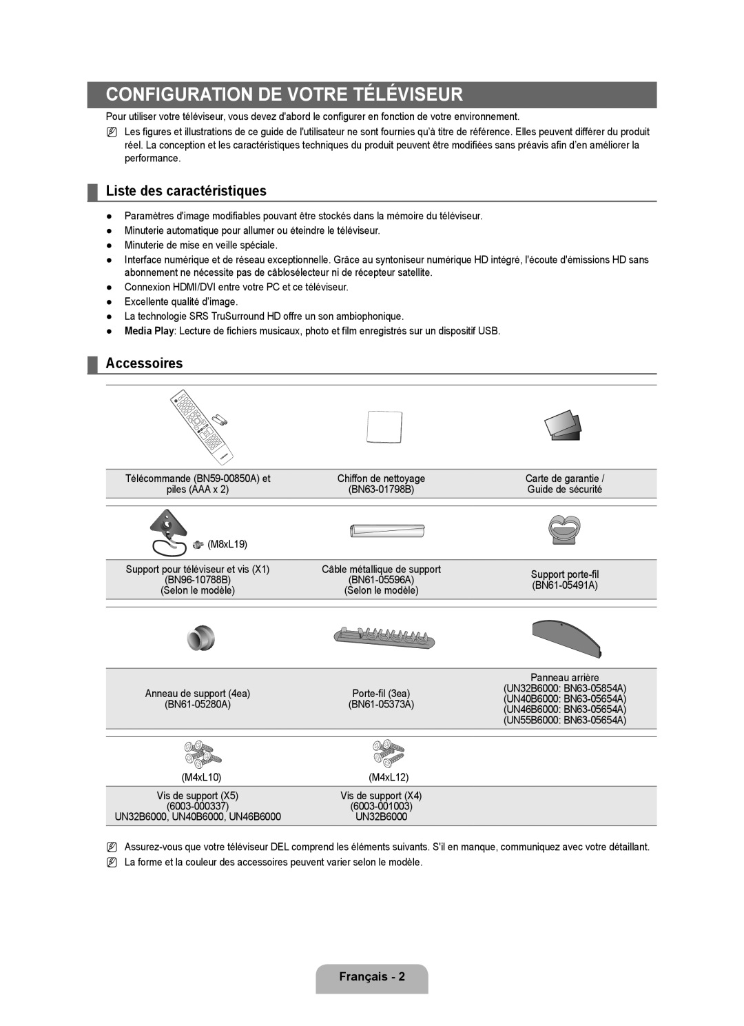 Samsung UN2B6000, UNB6000, UN55B6000, UN46B6000, UN40B6000VF Liste des caractéristiques, Accessoires, M4xL10 M4xL12 