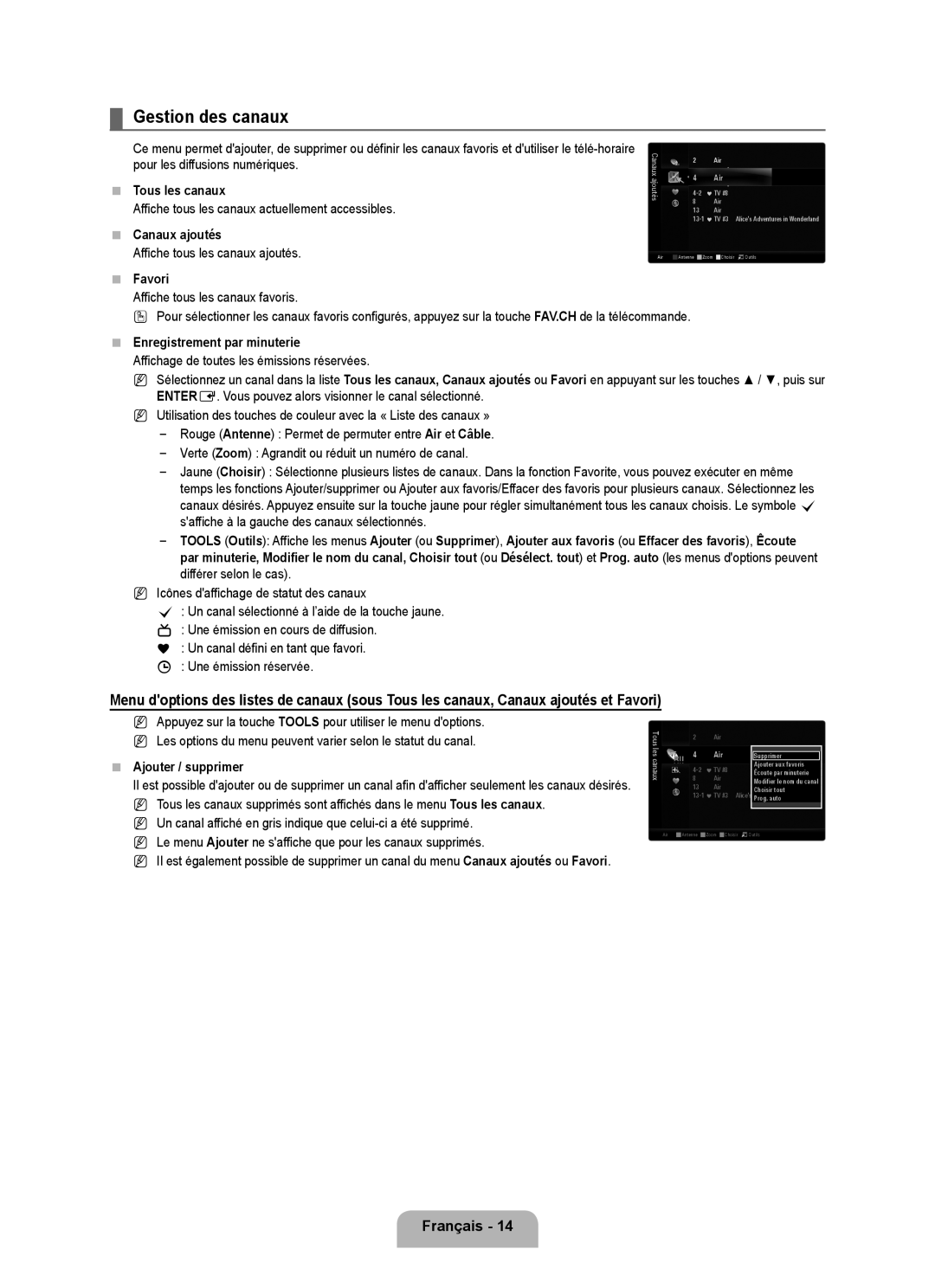 Samsung UN46B6000, UNB6000, UN55B6000, UN40B6000VF, UN32B6000, UN2B6000 user manual Gestion des canaux 