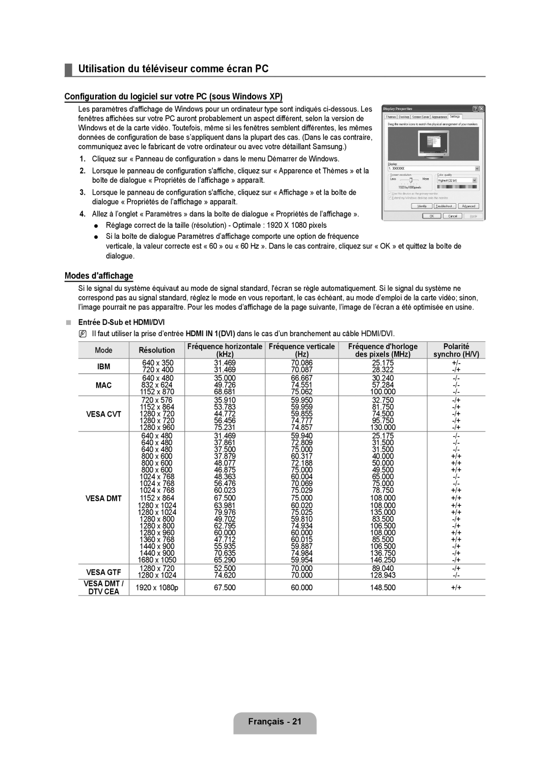 Samsung UN55B6000 Utilisation du téléviseur comme écran PC, Configuration du logiciel sur votre PC sous Windows XP 