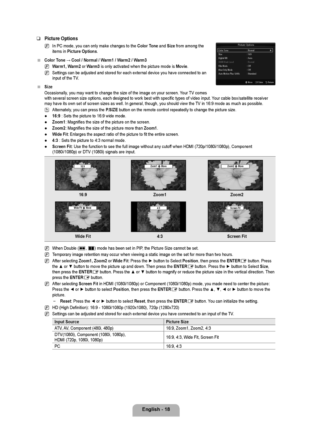 Samsung UNB6000, UN55B6000, UN46B6000, UN40B6000VF, UN32B6000, UN2B6000 user manual Picture Options 