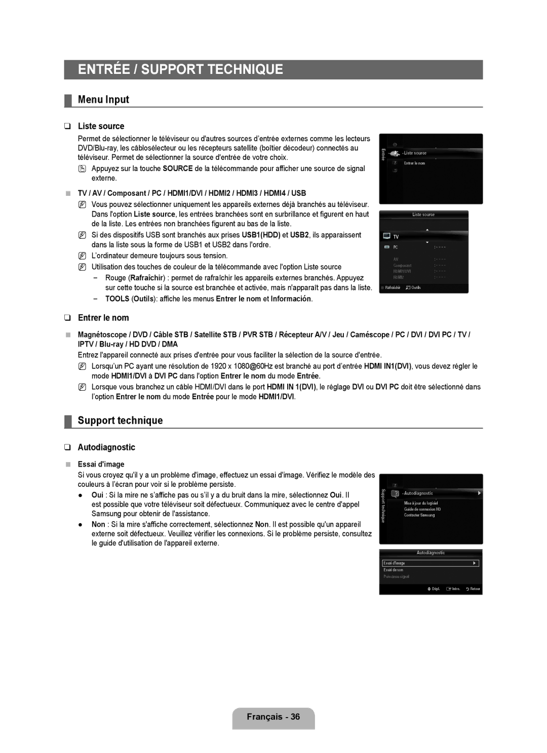 Samsung UNB6000, UN55B6000, UN46B6000, UN40B6000VF, UN32B6000, UN2B6000 user manual Menu Input, Support technique 