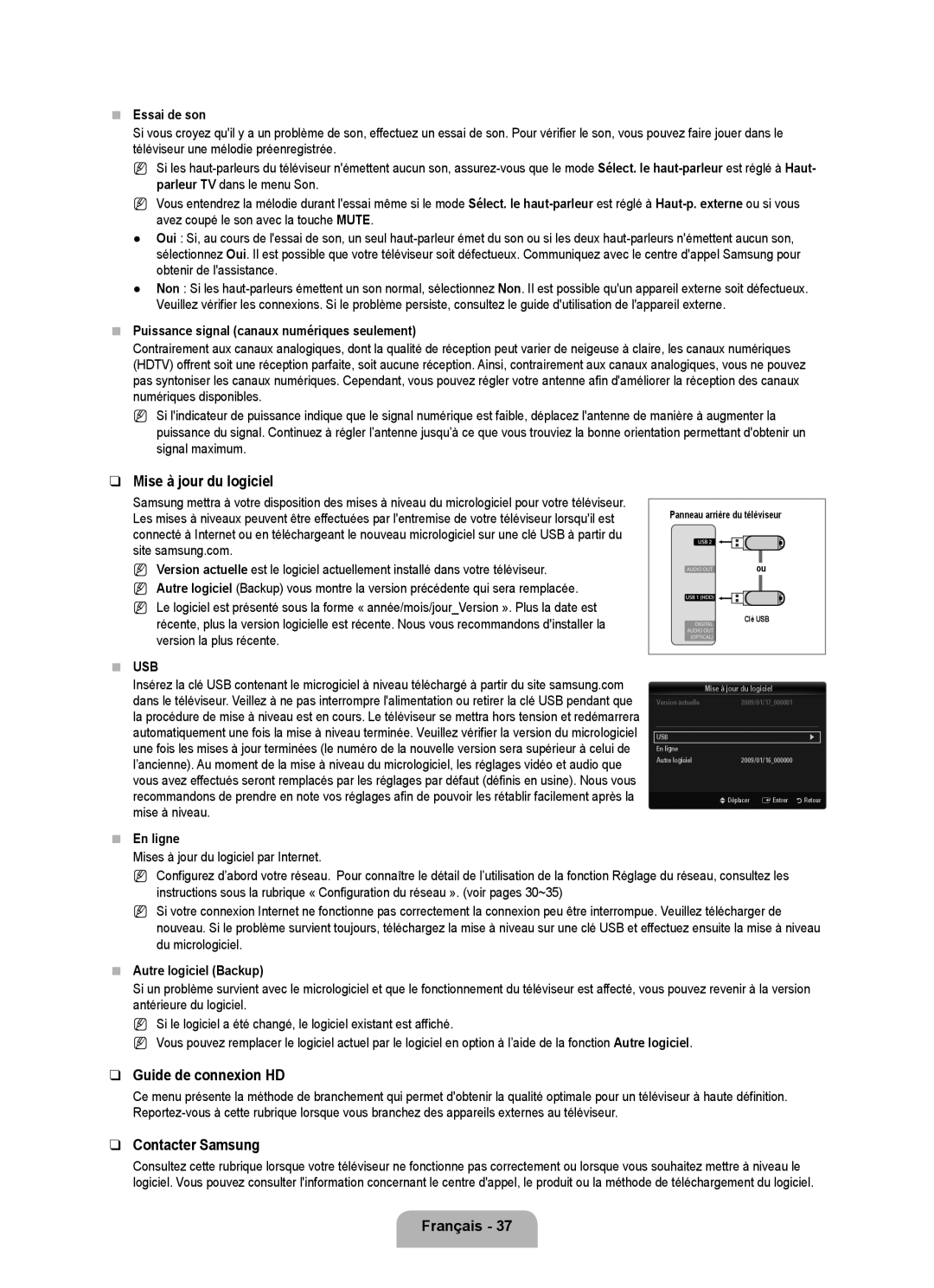 Samsung UN55B6000, UNB6000, UN46B6000, UN40B6000, UN32B6000 Mise à jour du logiciel, Guide de connexion HD, Contacter Samsung 