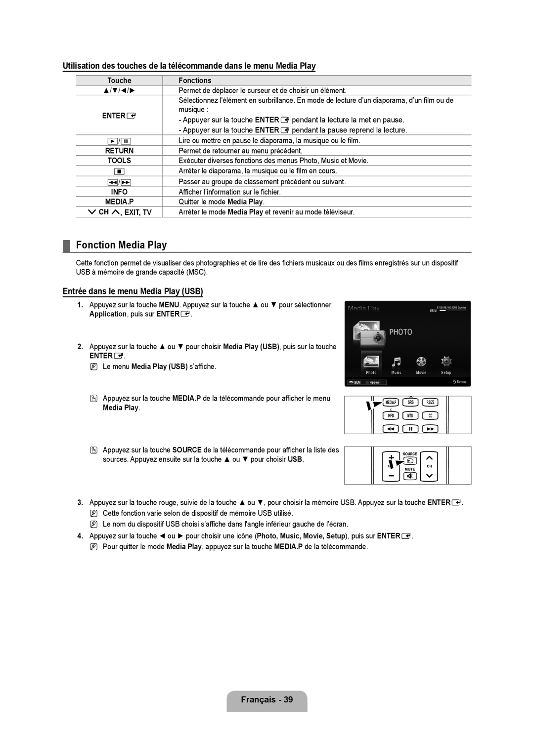 Samsung UN40B6000 Fonction Media Play, Entrée dans le menu Media Play USB, Fonctions, Application , puis sur Entere 