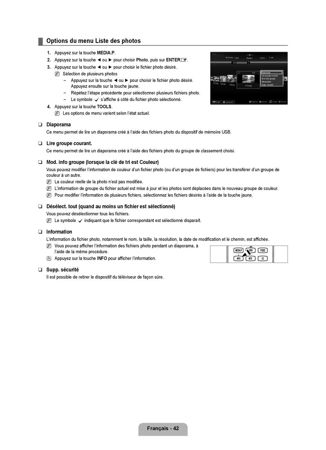 Samsung UN2B6000, UNB6000, UN55B6000, UN46B6000, UN40B6000VF, UN32B6000 user manual Options du menu Liste des photos 