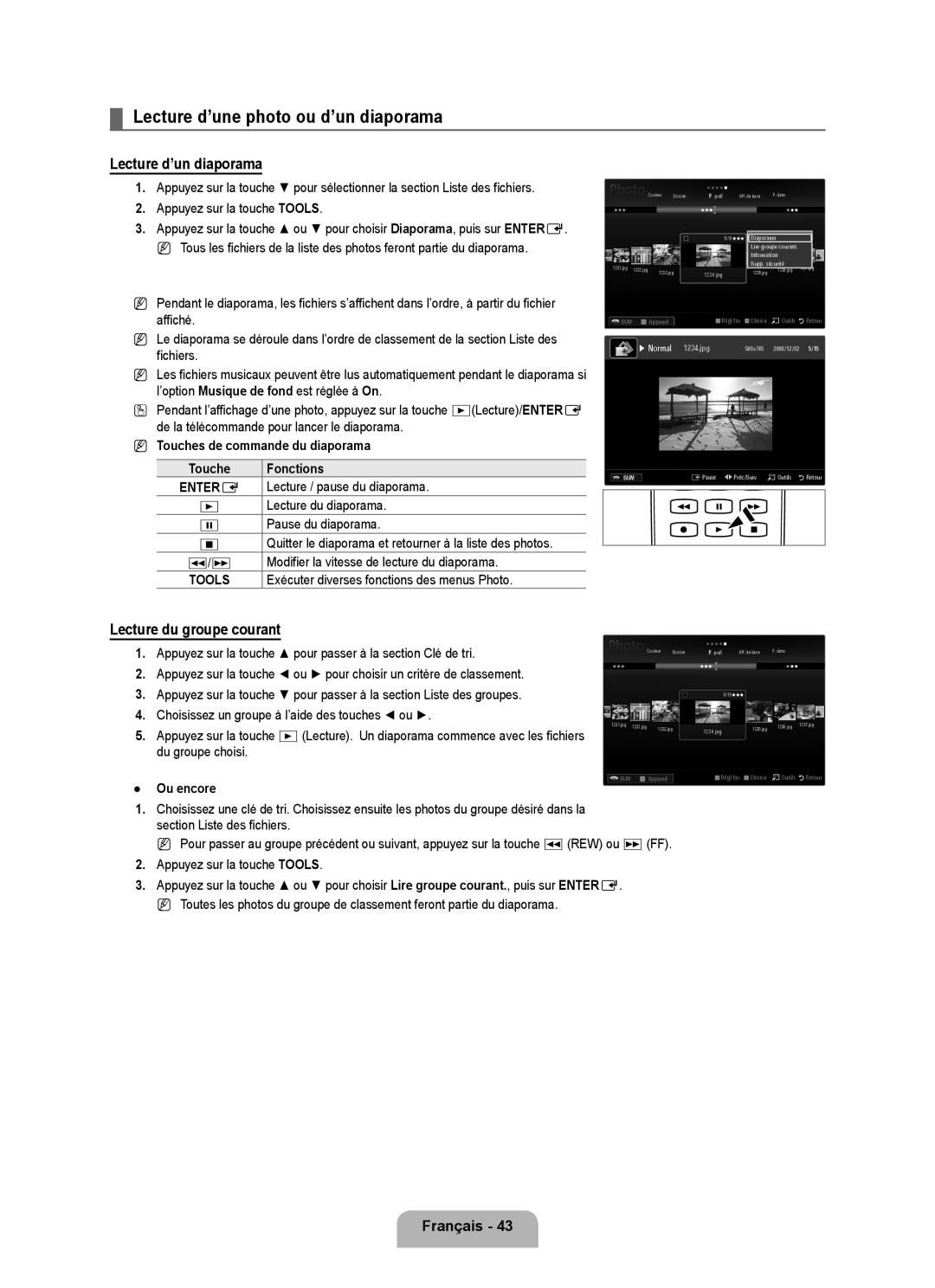 Samsung UNB6000, UN55B6000 Lecture d’une photo ou d’un diaporama, Lecture d’un diaporama, Lecture du groupe courant 