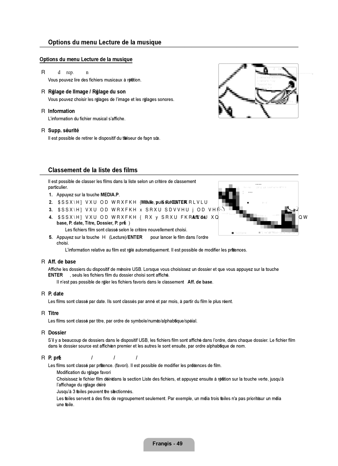 Samsung UN32B6000, UNB6000, UN55B6000, UN46B6000 Options du menu Lecture de la musique, Classement de la liste des films 