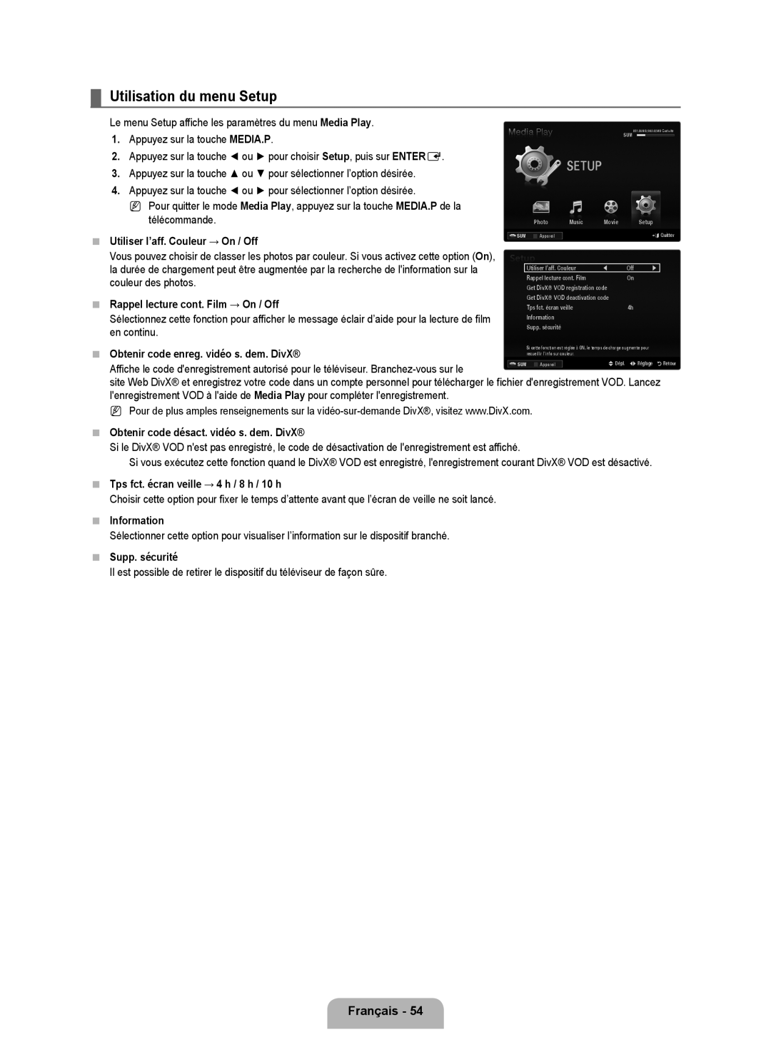 Samsung UN46B6000, UNB6000, UN55B6000, UN40B6000VF, UN32B6000, UN2B6000 user manual Utilisation du menu Setup 