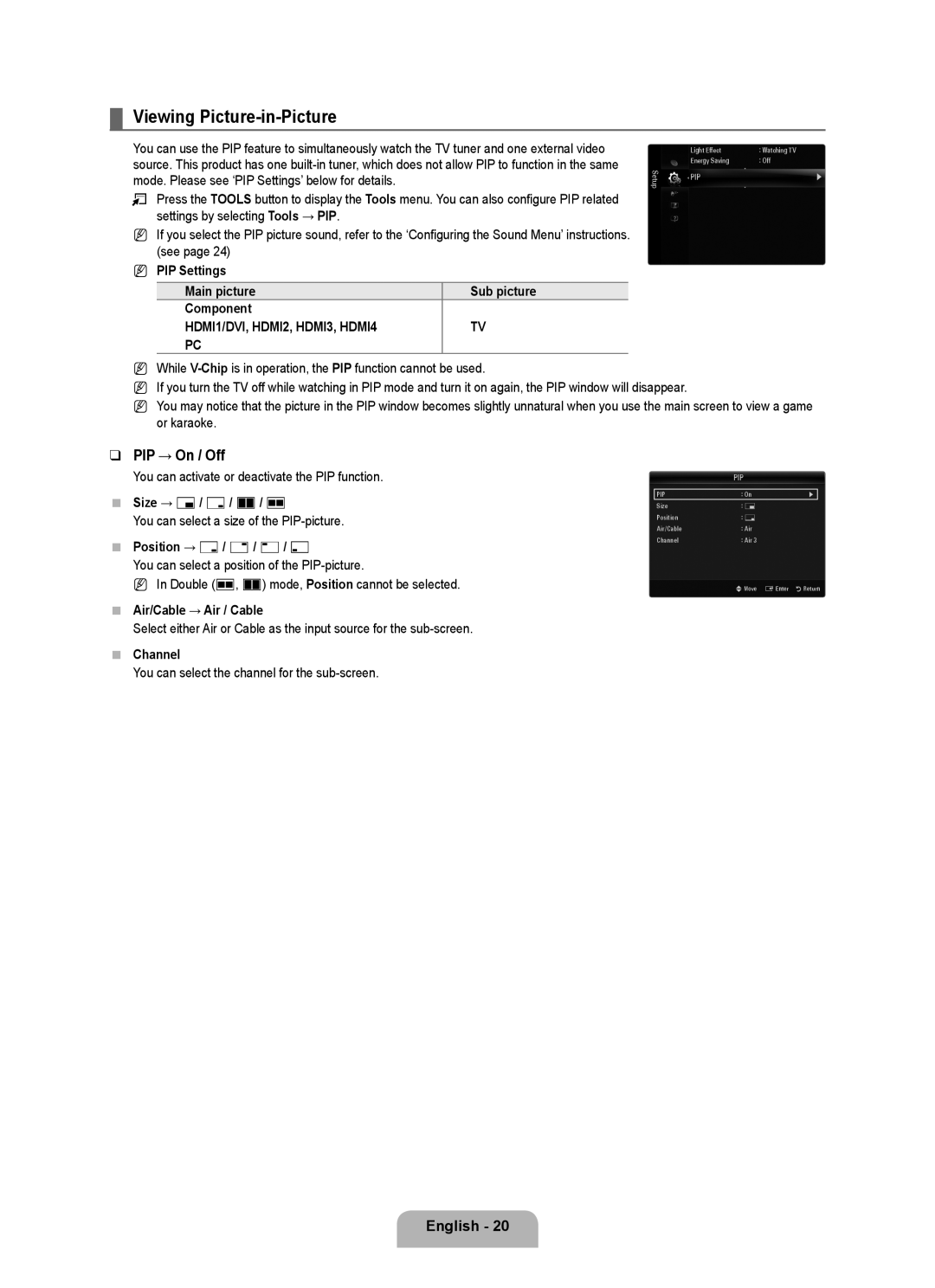 Samsung UN32B6000, UNB6000, UN55B6000, UN46B6000, UN40B6000VF, UN2B6000 Viewing Picture-in-Picture, PIP → On / Off 