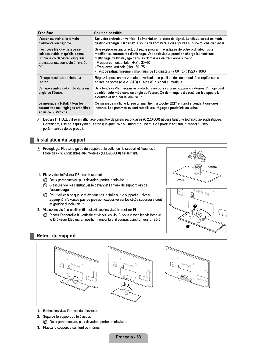 Samsung UN40B6000, UNB6000, UN55B6000 Installation du support, Retrait du support, Séparez le support du téléviseur 