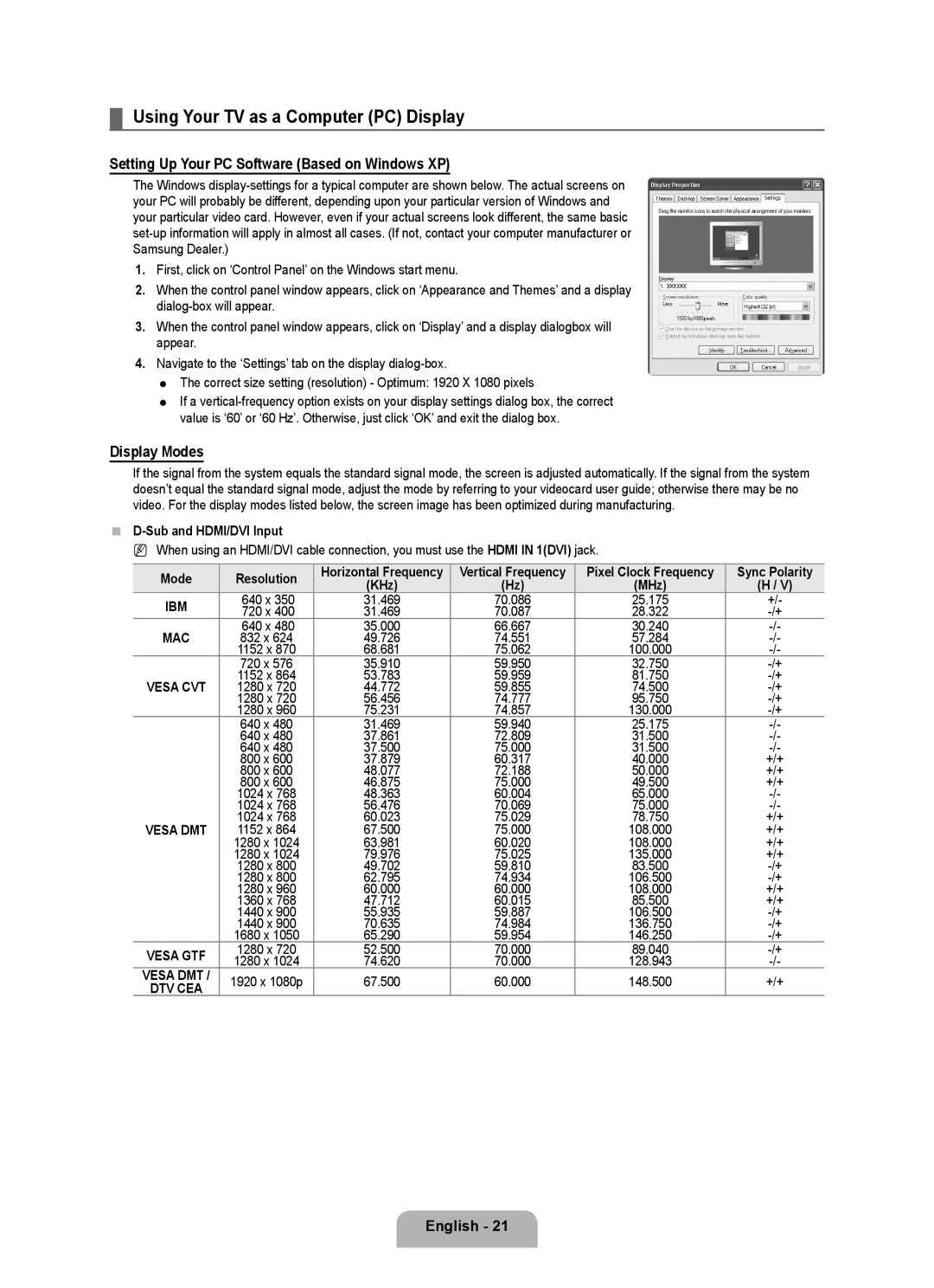 Samsung UN2B6000 Using Your TV as a Computer PC Display, Setting Up Your PC Software Based on Windows XP, Display Modes 