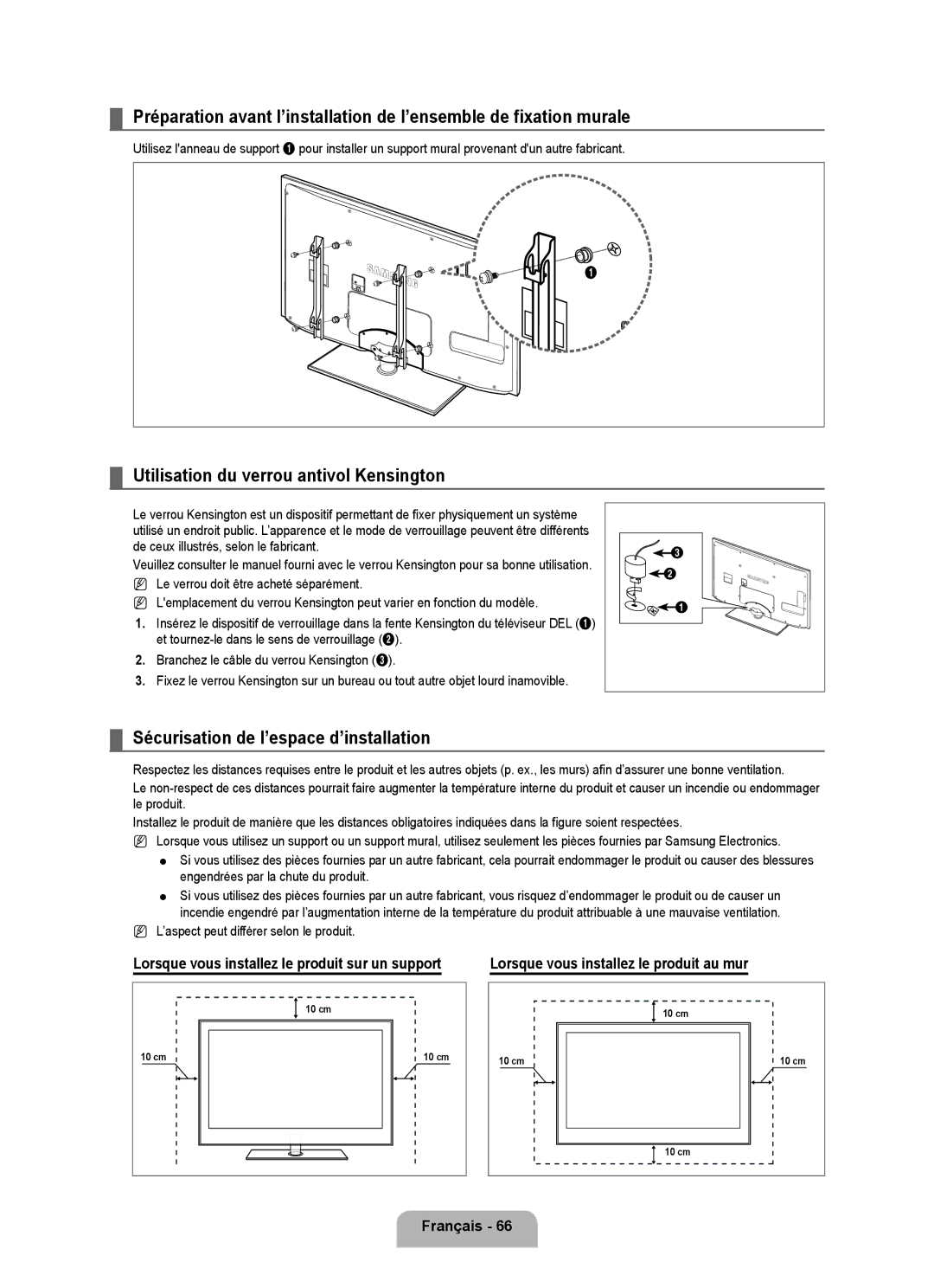 Samsung UN2B6000, UNB6000, UN55B6000 Utilisation du verrou antivol kensington, Sécurisation de l’espace d’installation 