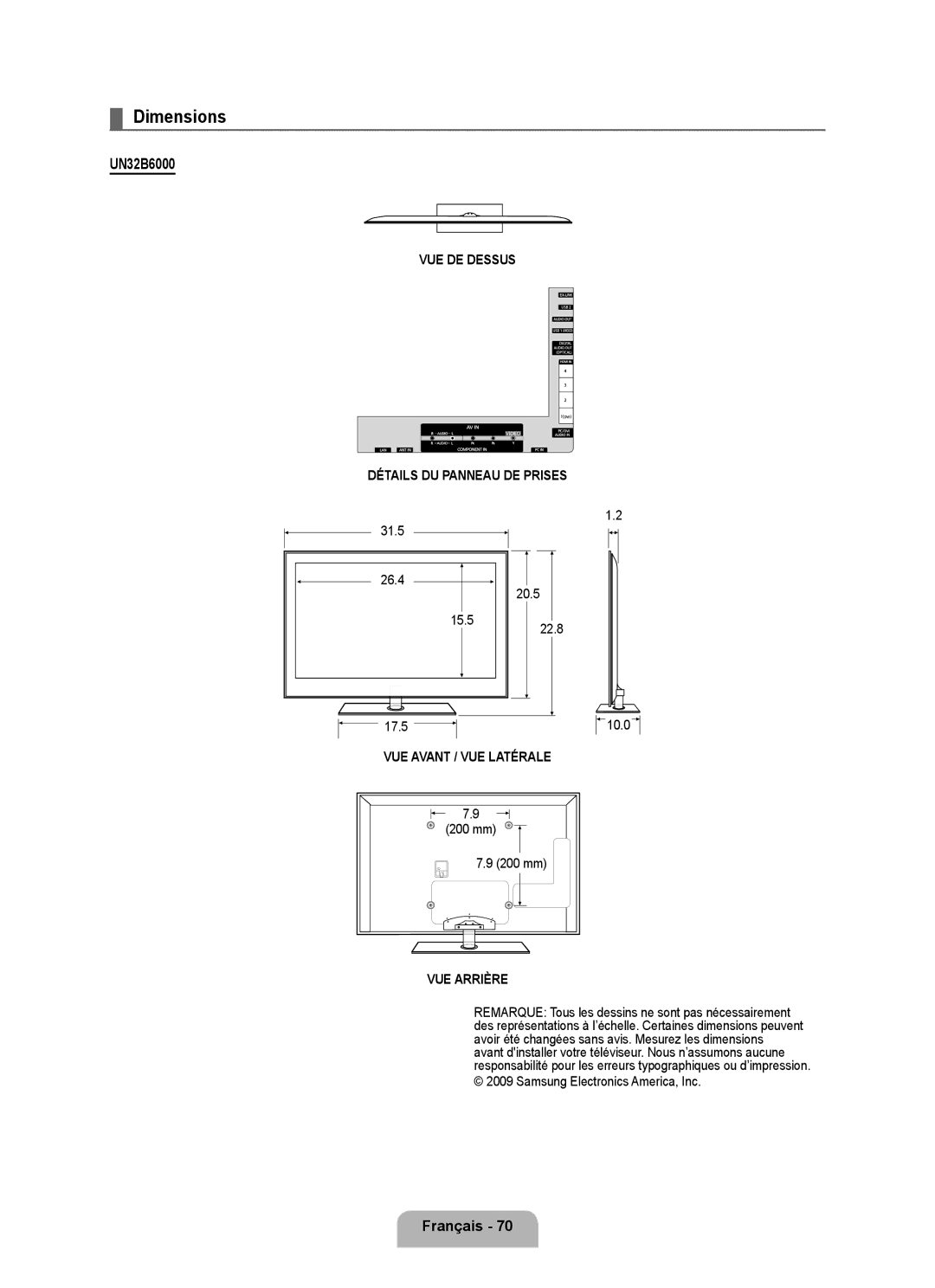 Samsung UN46B6000, UNB6000, UN55B6000, UN40B6000VF, UN32B6000, UN2B6000 VUE DE Dessus Détails DU Panneau DE Prises 