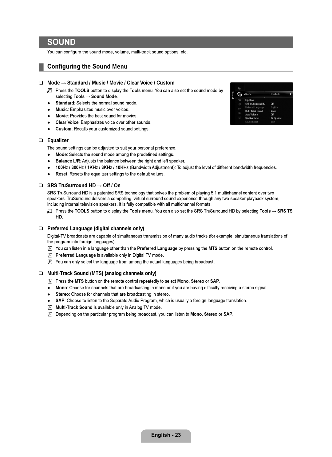 Samsung UNB6000, UN55B6000, UN46B6000, UN40B6000VF, UN32B6000, UN2B6000 user manual Configuring the Sound Menu 